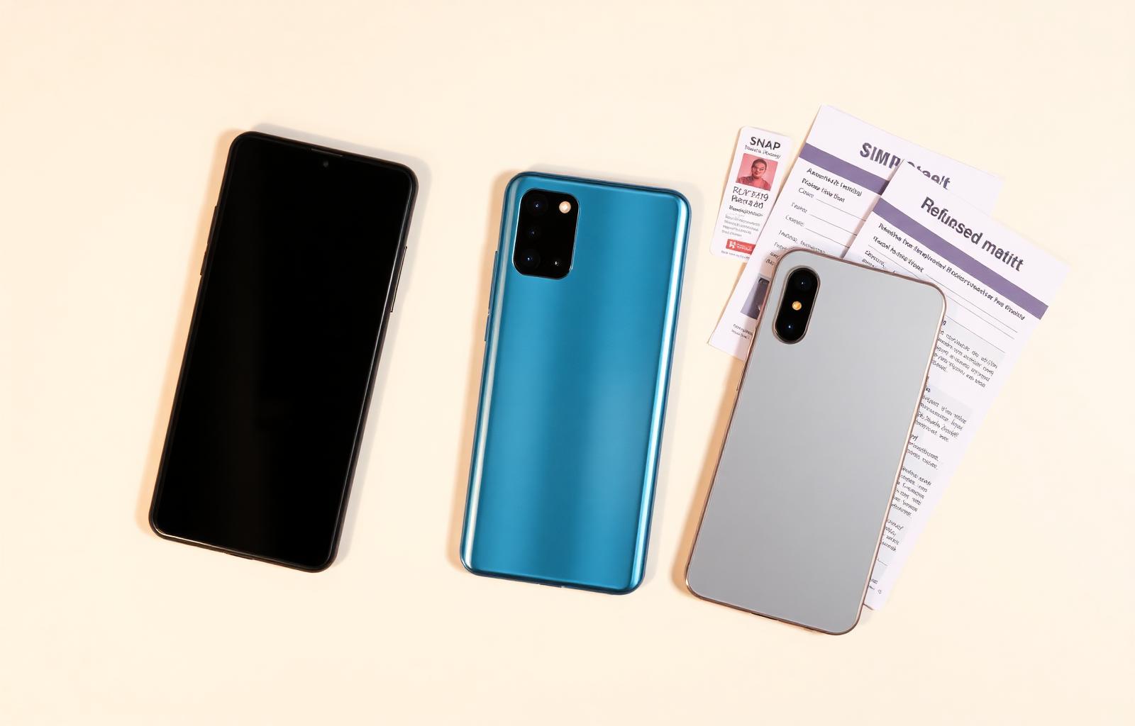 Flat lay of three 5G phones - a large Android, a mid-range Samsung Galaxy and a refurbished iPhone - sitting next to a SNAP benefits letter and photo ID, representing the documents needed to enroll in Lifeline