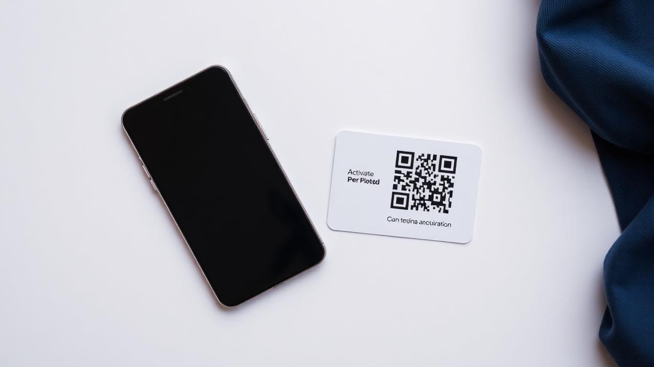 Smartphone next to an eSIM activation QR code card