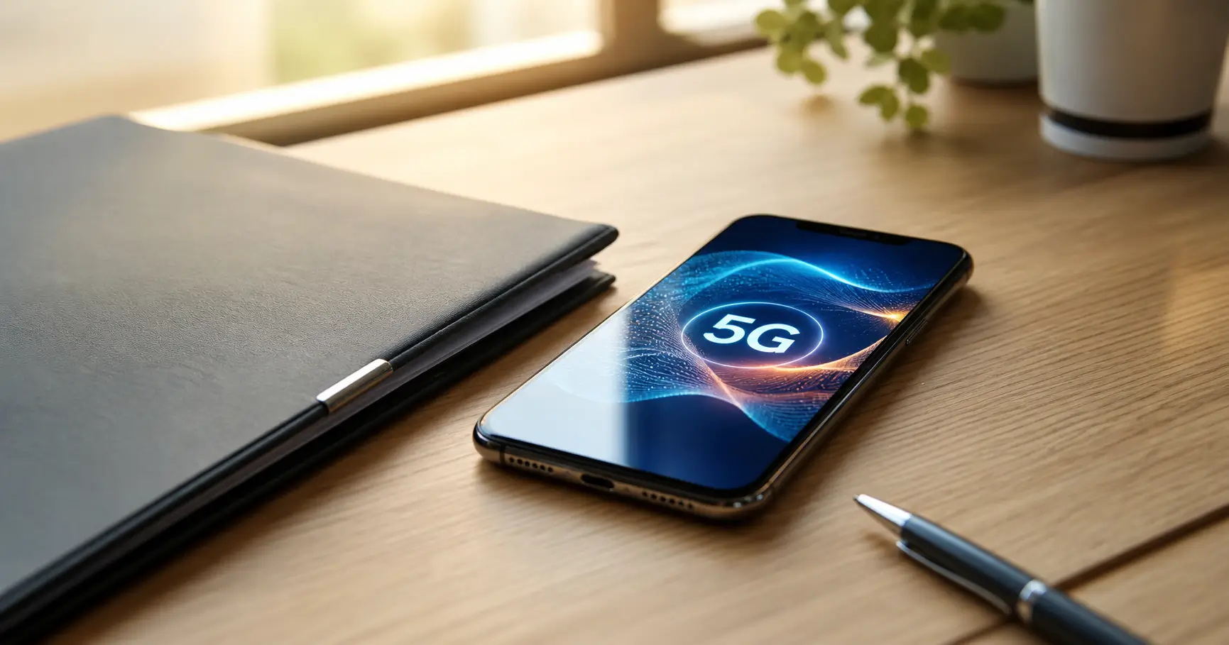 A modern 5G smartphone displaying high-speed connectivity icons next to a Lifeline approval document