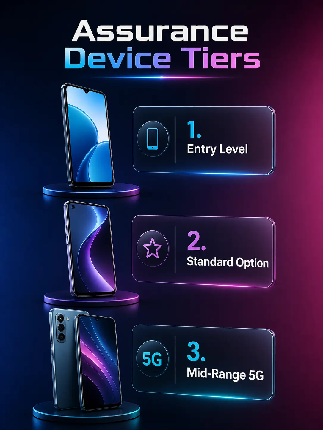 Infographic showcasing the specifications of Entry, Standard, and Mid-Range smartphones available through Assurance Wireless