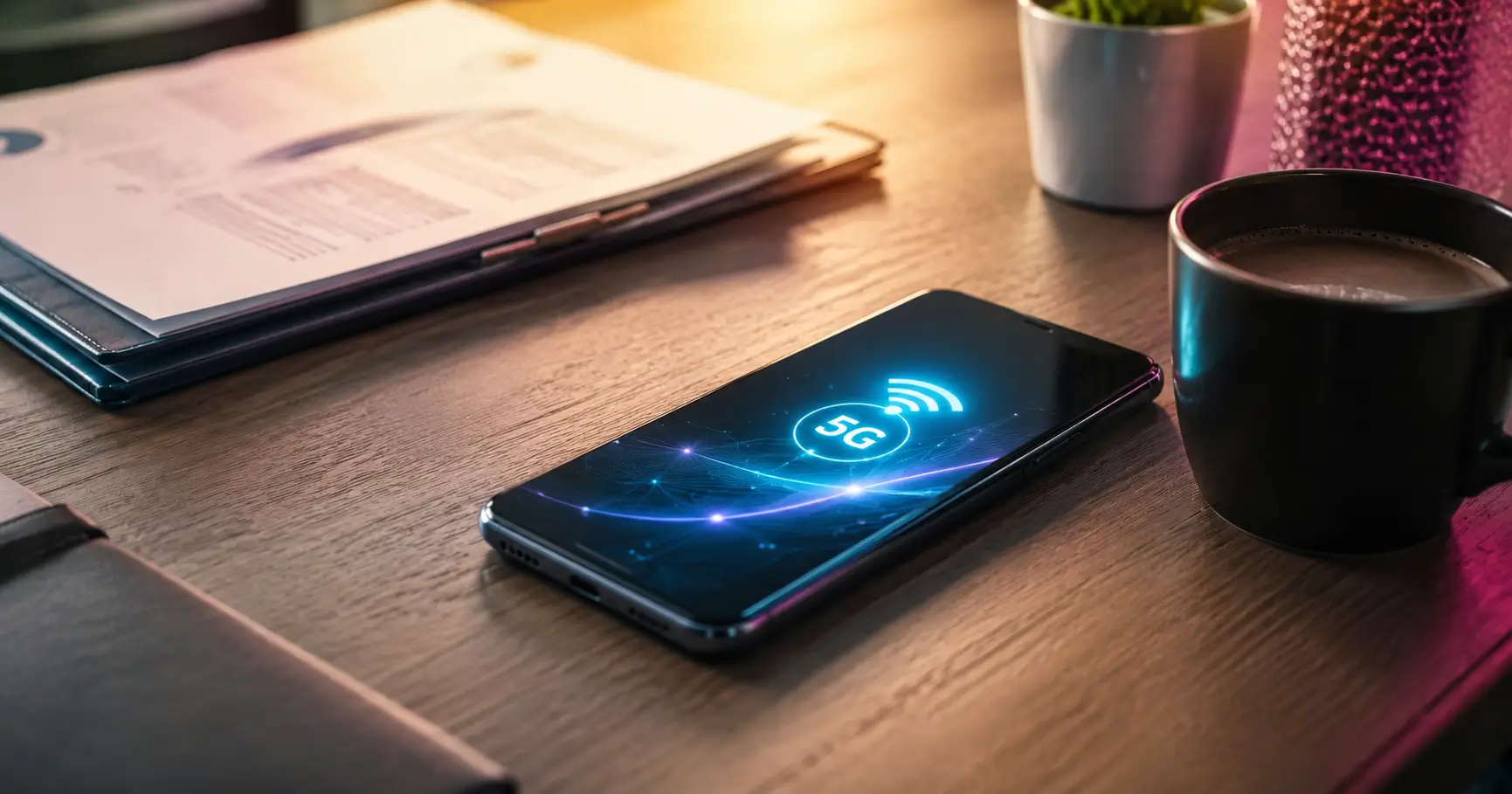 A modern 5G smartphone on a clean desk displaying a successful Lifeline connectivity status