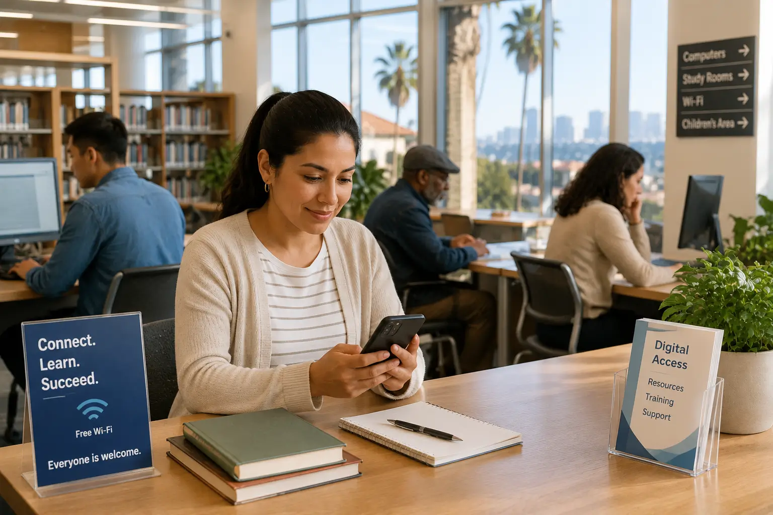 California public library digital access scene for residents checking Lifeline phone options