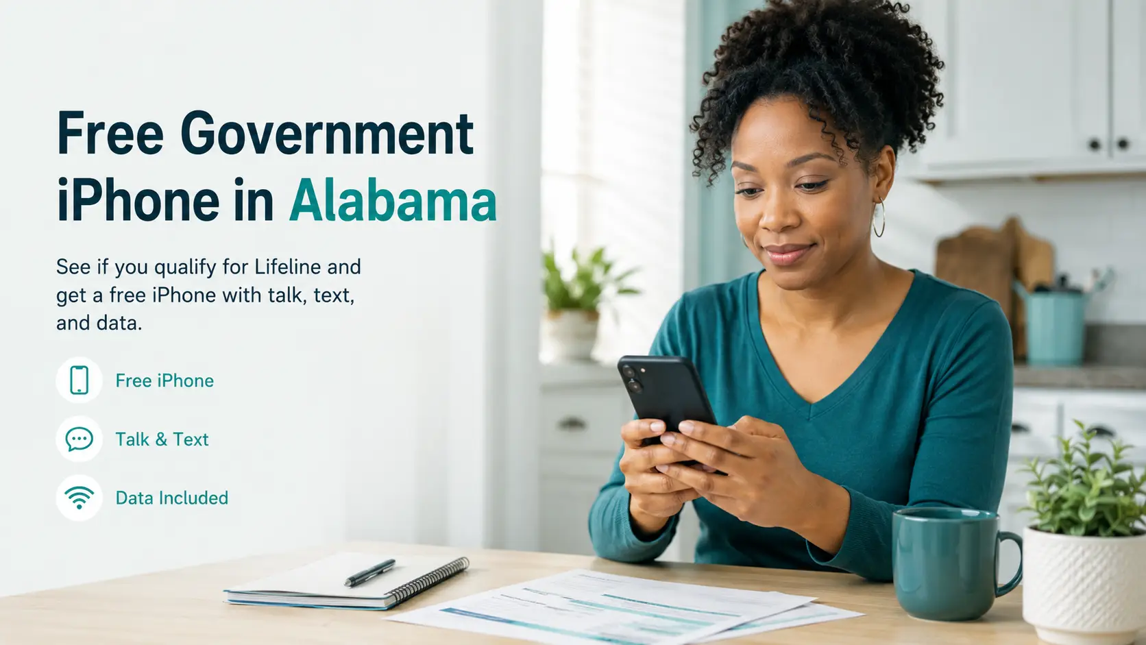 Alabama resident checking Lifeline phone and free iPhone options on a smartphone