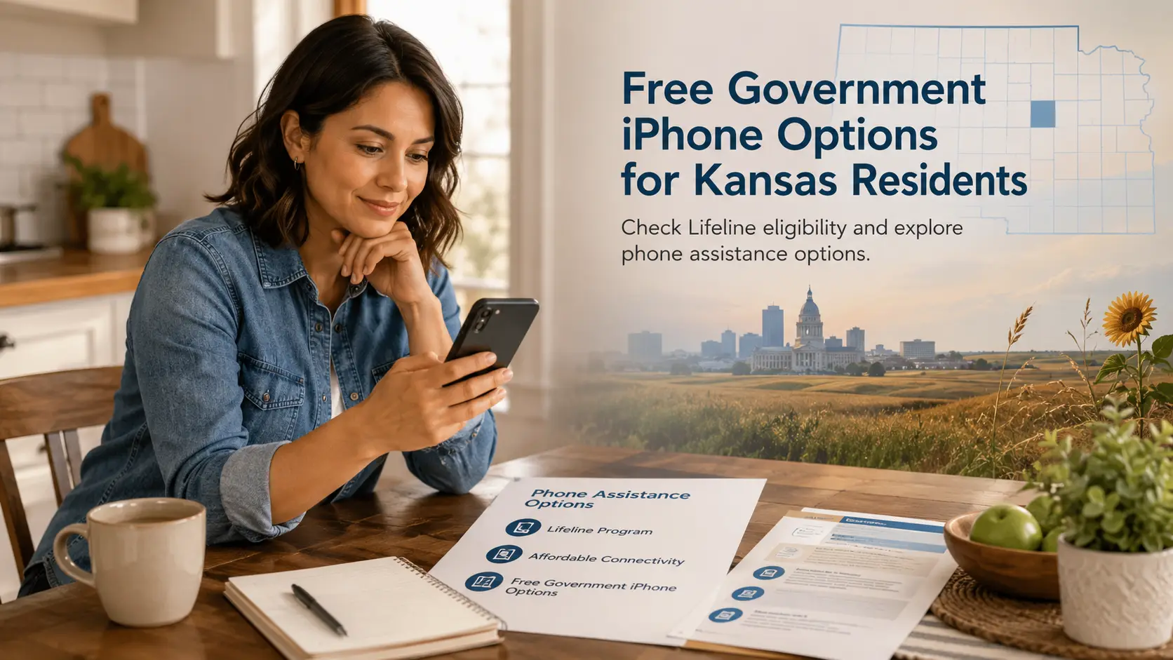 Kansas resident checking Lifeline and free government iPhone options on a smartphone