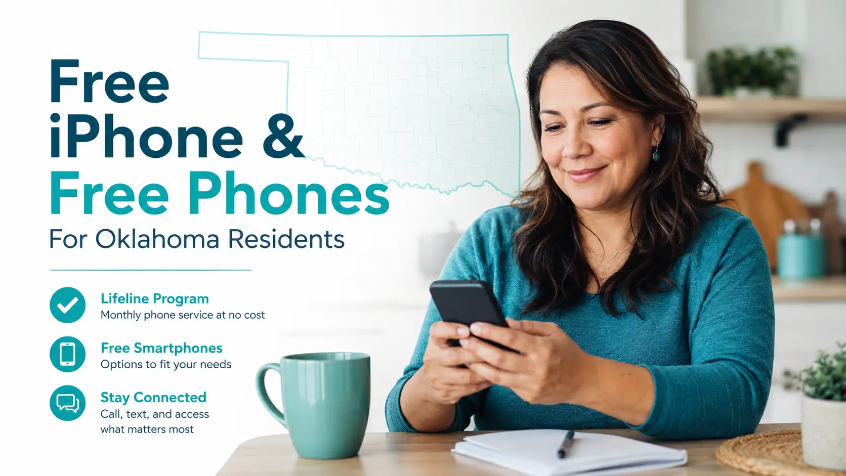 Oklahoma resident checking Lifeline iPhone and free phone options on a smartphone