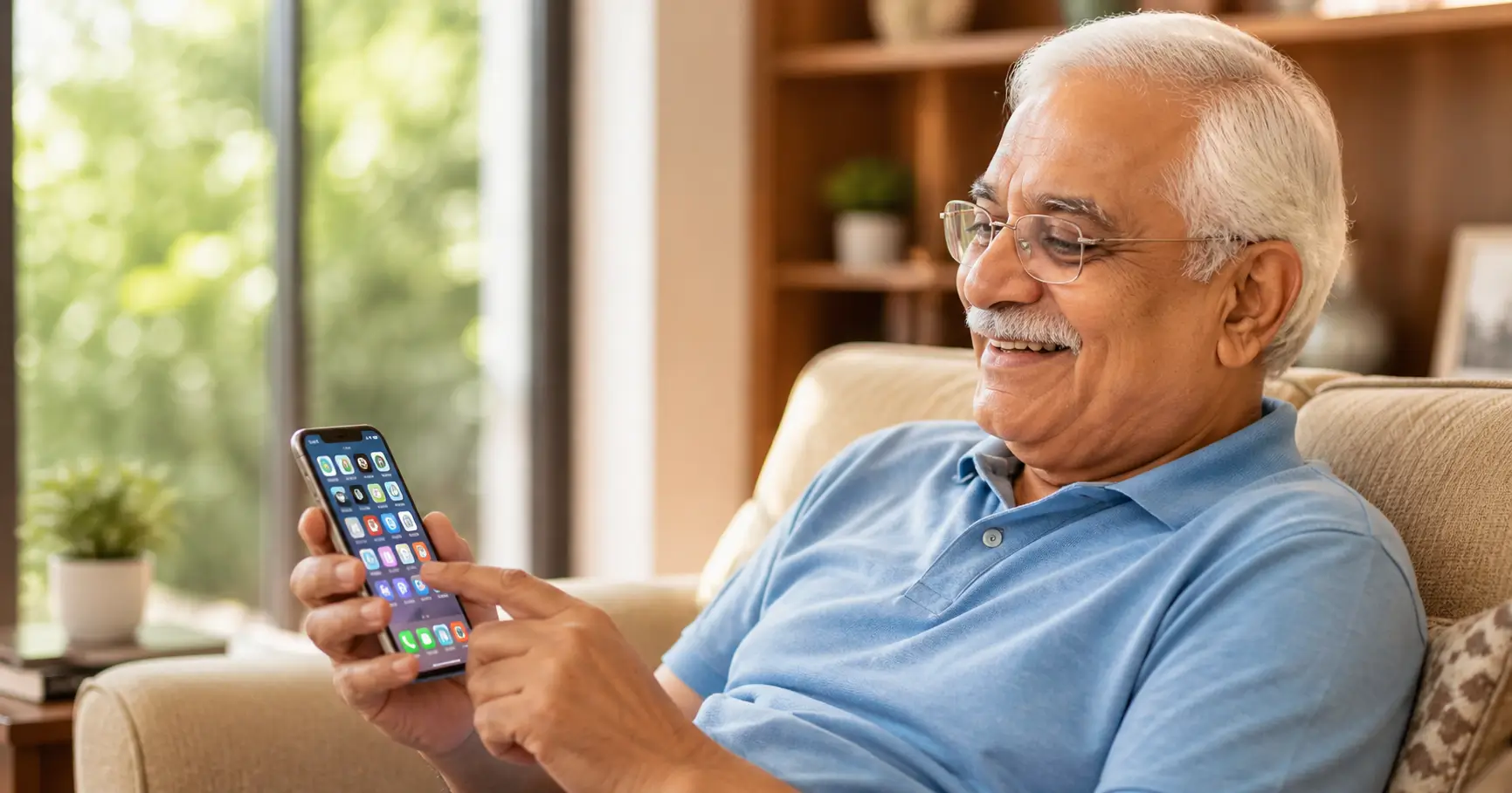 A smiling senior citizen comfortably using a modern smartphone with a clear display