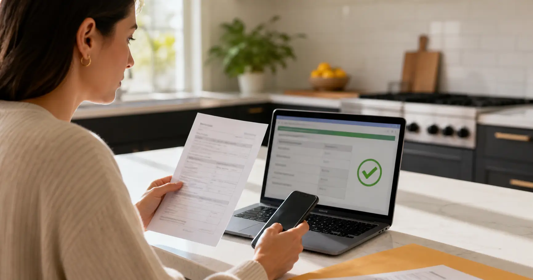Person reviewing official documents and applying for a Lifeline phone on a laptop