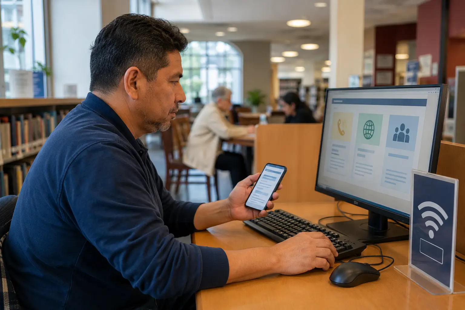 Illinois public library digital access scene for residents checking phone assistance options