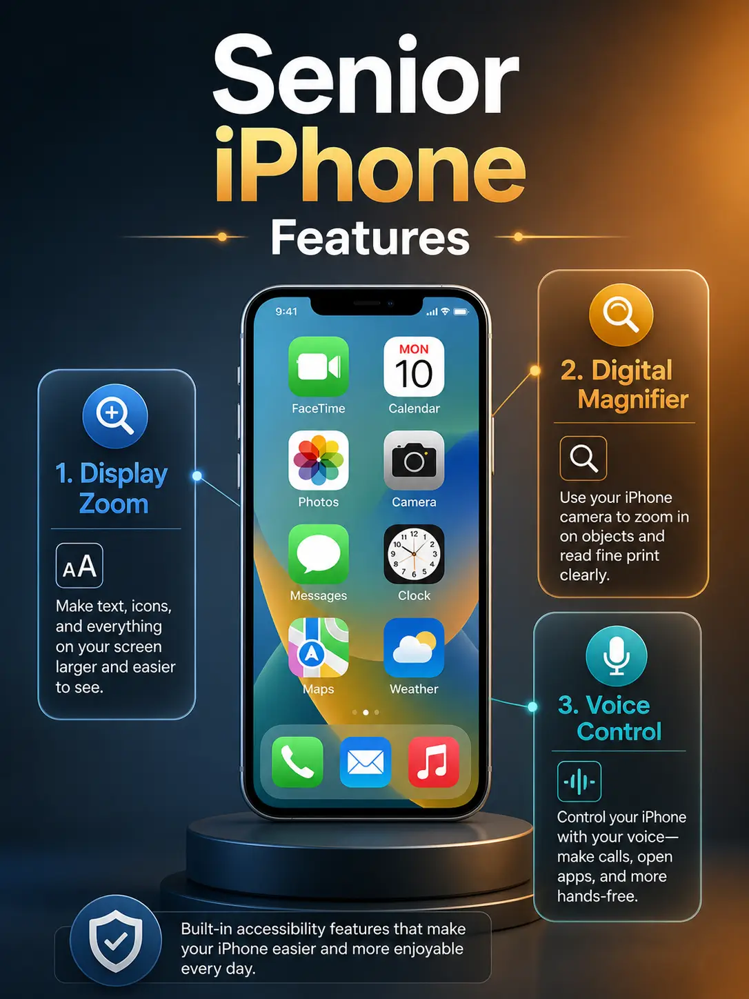 Infographic detailing iPhone accessibility features like Display Zoom and Magnifier for seniors