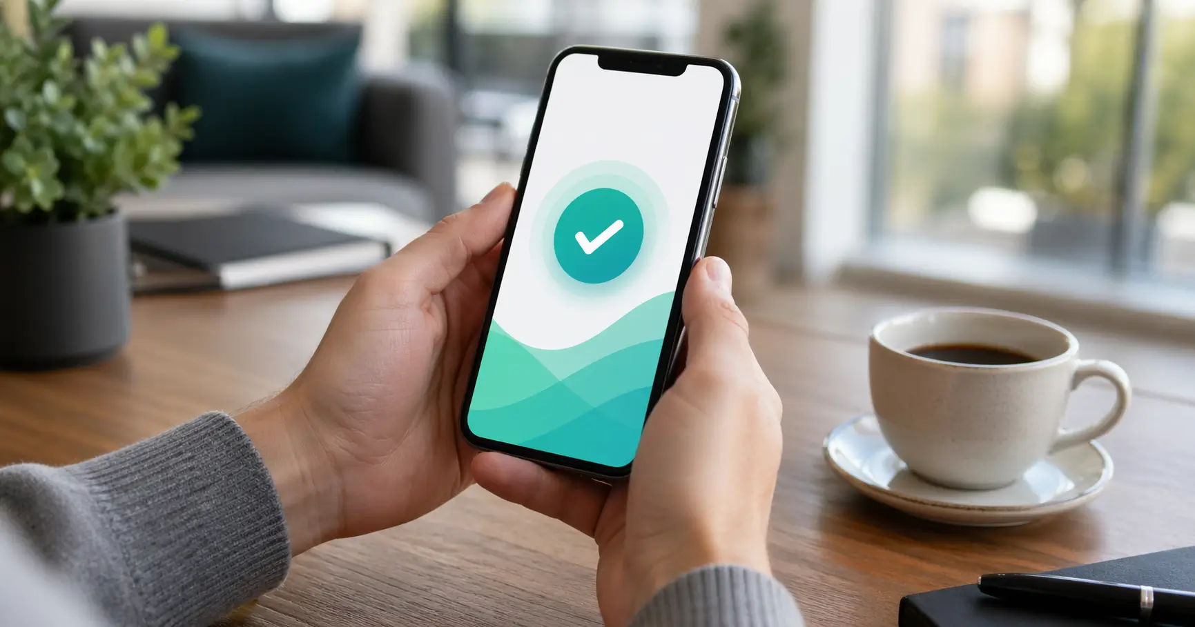 Hands holding an iPhone displaying a successful Lifeline application