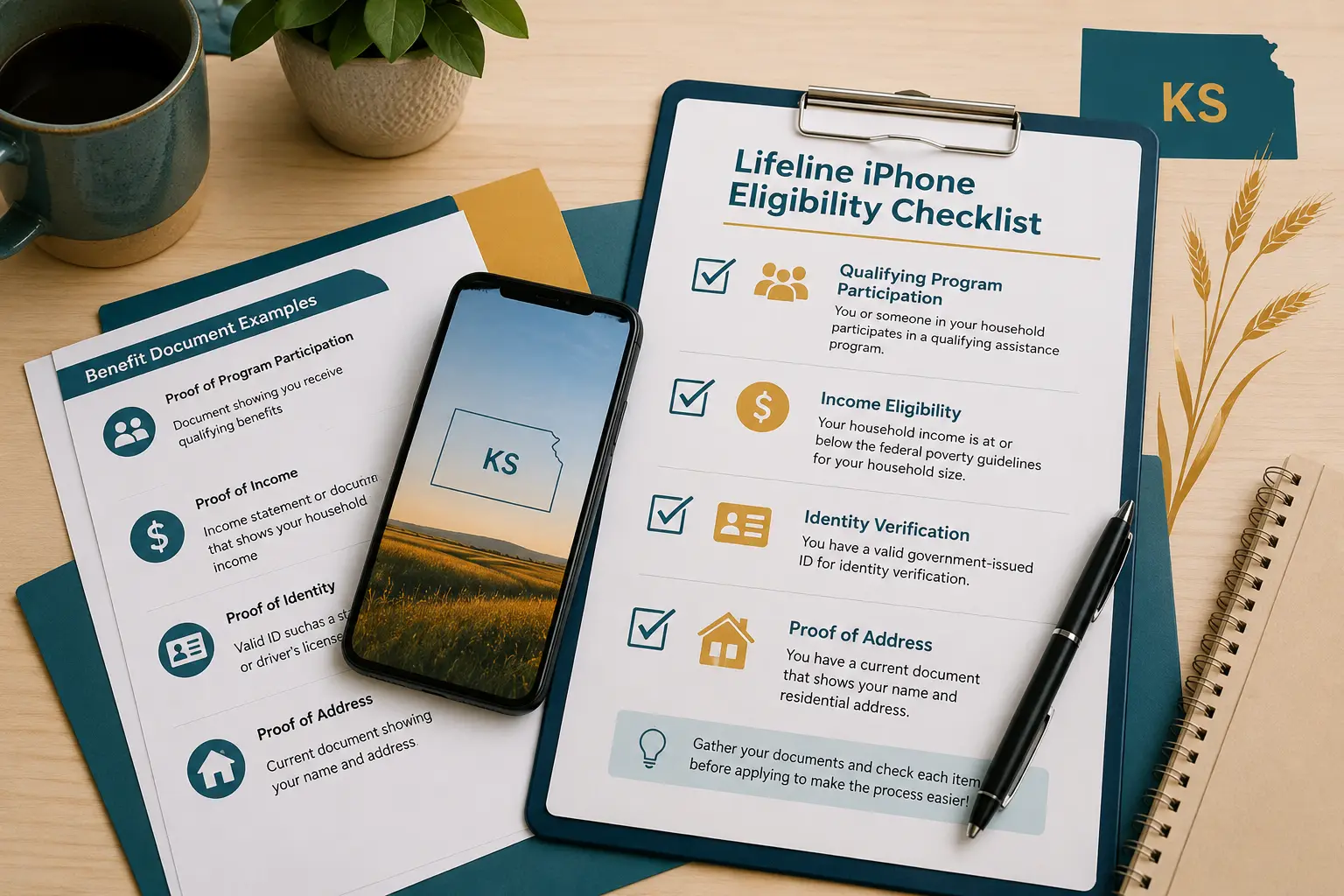 Kansas Lifeline iPhone eligibility checklist with benefit documents and phone