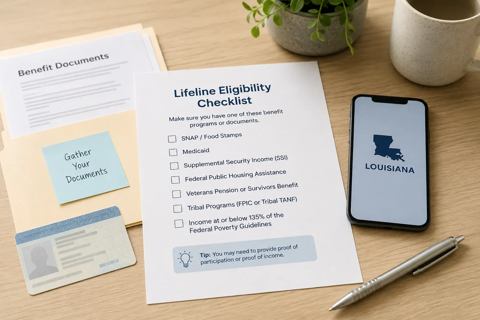 Louisiana Lifeline eligibility checklist with benefit documents and a smartphone