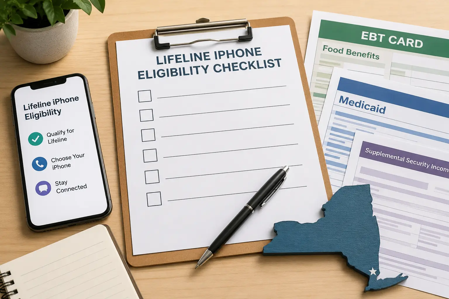 New York Lifeline iPhone eligibility checklist with EBT and Medicaid documents