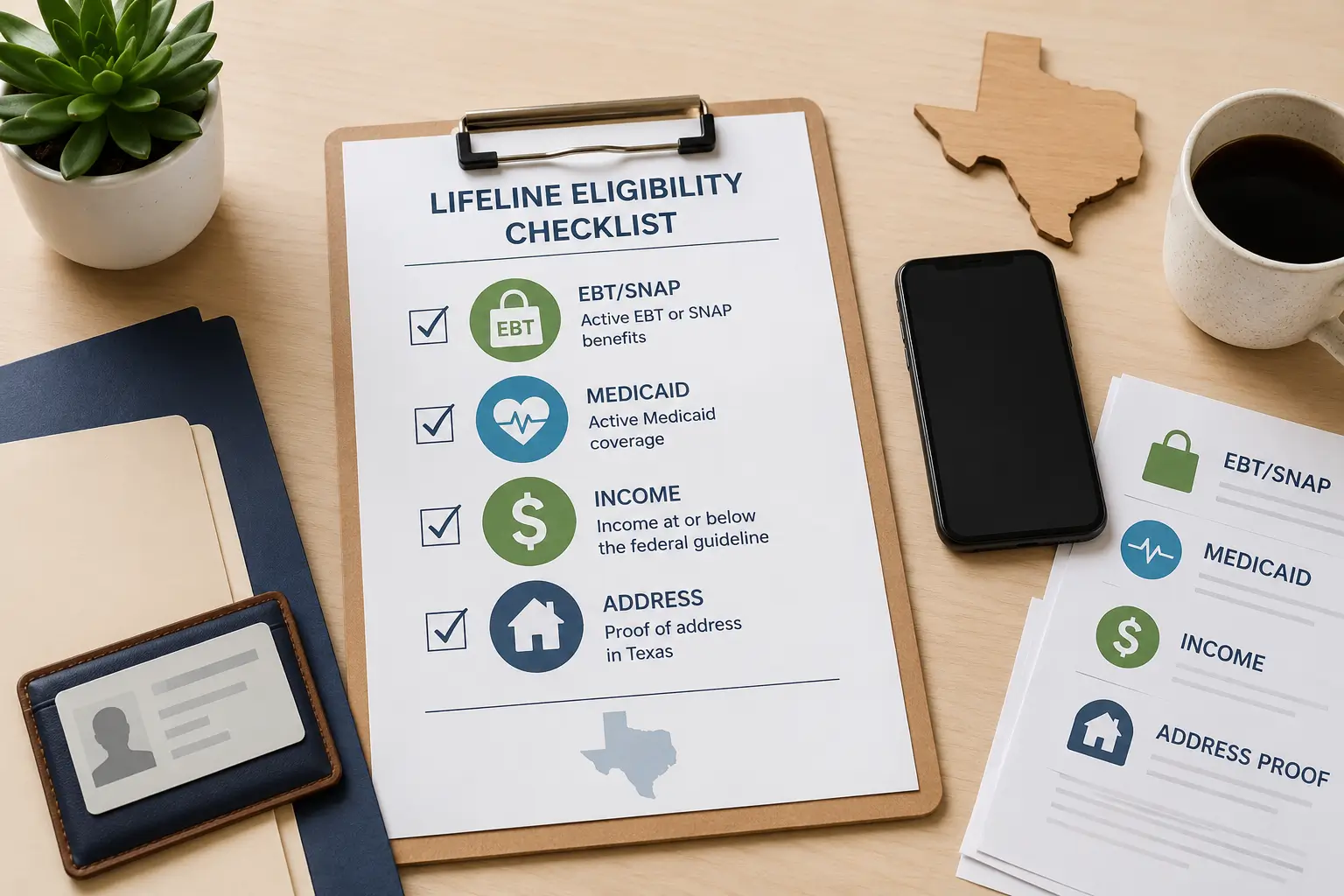 Texas Lifeline eligibility checklist with EBT Medicaid and income documents