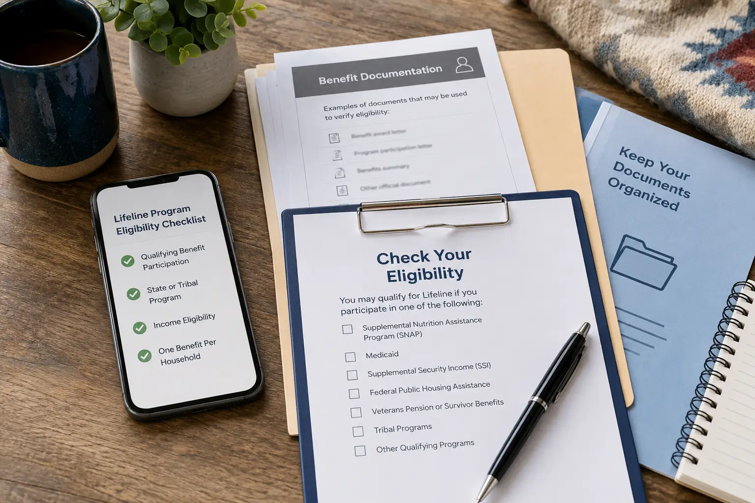 Wyoming Lifeline eligibility checklist with benefit documents and smartphone